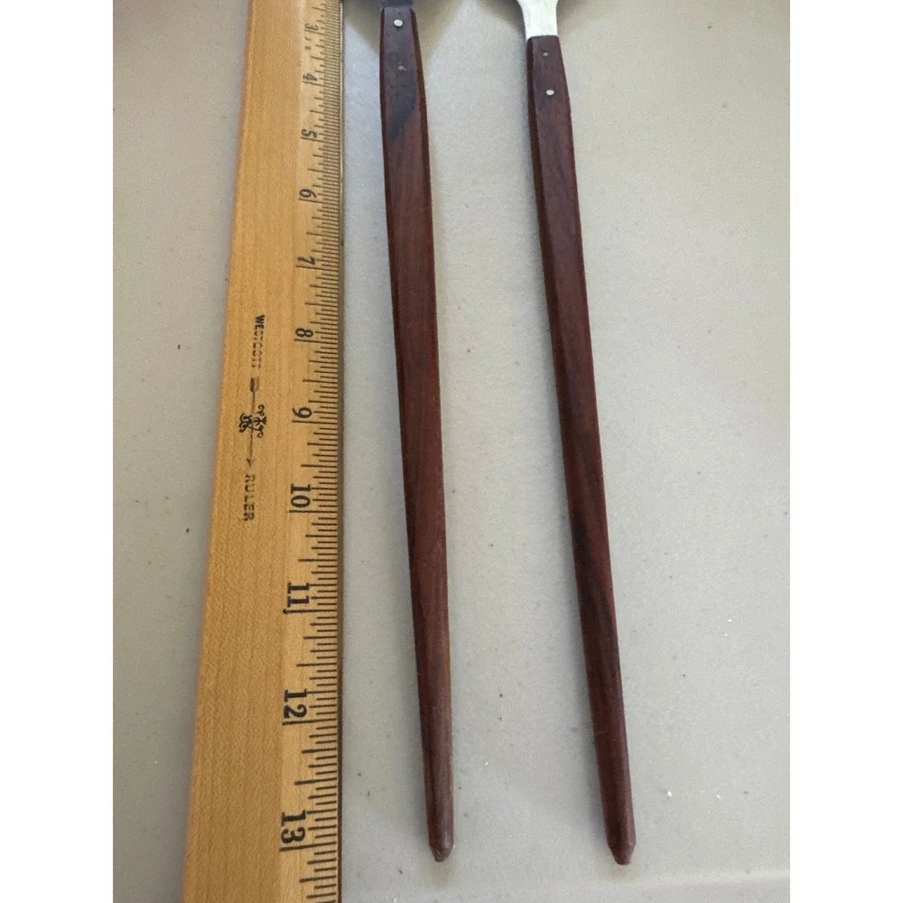 Vintage MCM Stainless Steel Salad Servers Long Wood Handles Japan 13.25 Inch
